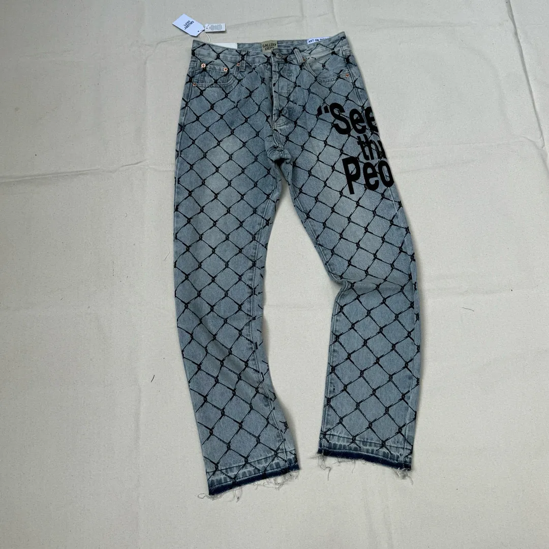 -Size upper body P240#G786 GALLERY DEPT. Steel mesh letter printed slim jeans jeans casual group trendy American slim men's and women's trousers Color: blue Size: S-XXL (corresponding to 28-36)